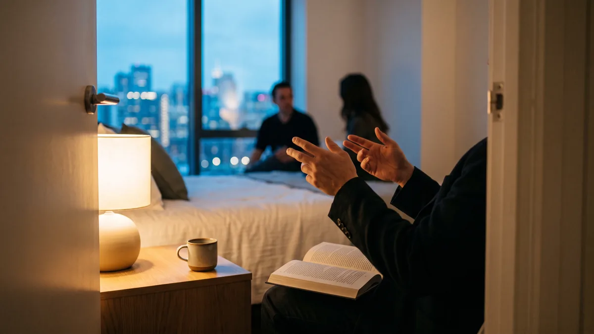 Person sleeping peacefully in a dark bedroom